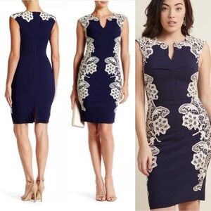 London Dress Company Navy Cream Lace Cap Sleeve Bodycon Mini Dress Size 4